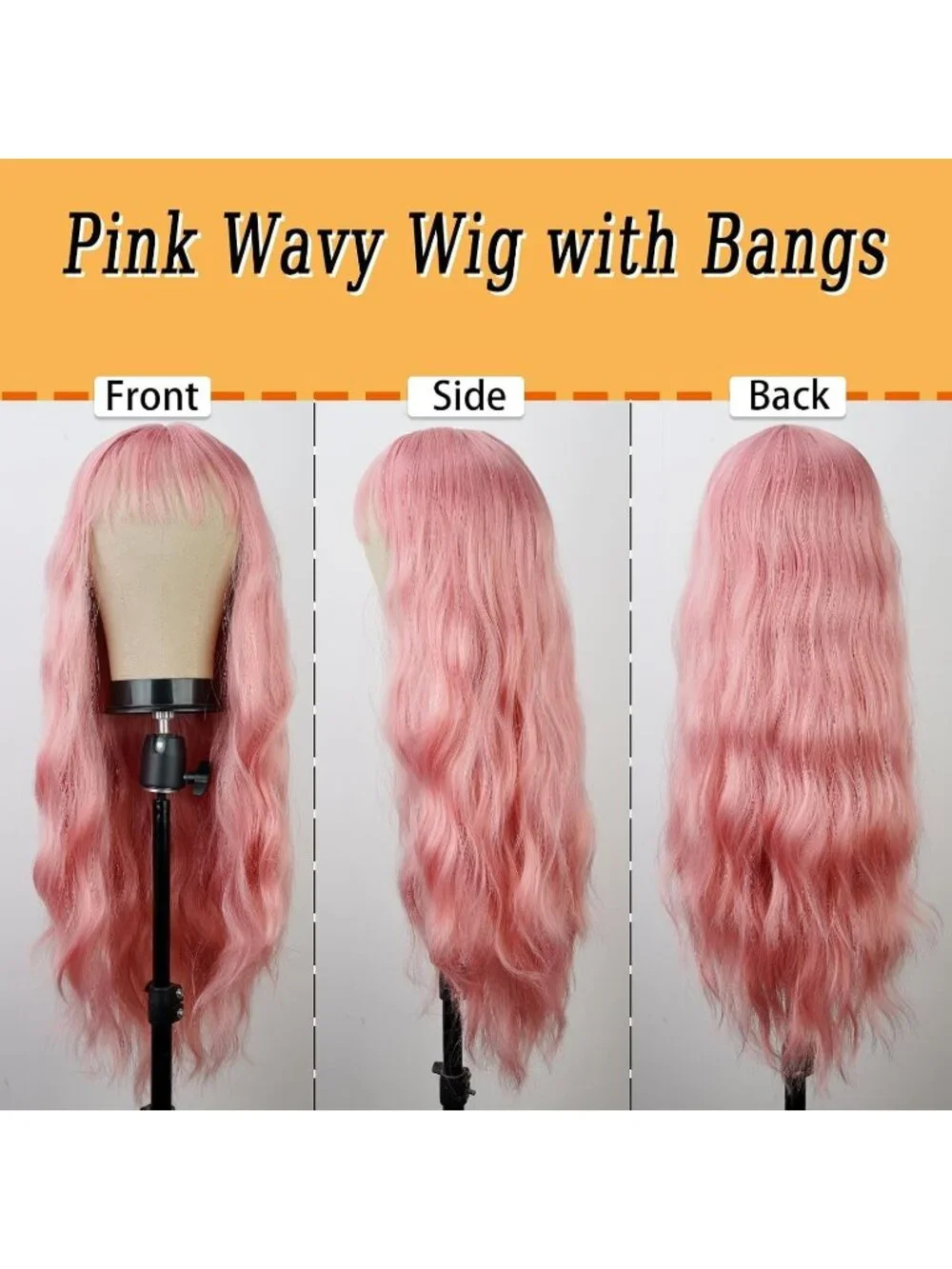 Women's Pink 26 Inch Natural Looking Synthetic Fiber Long Wavy Wigs Bangs